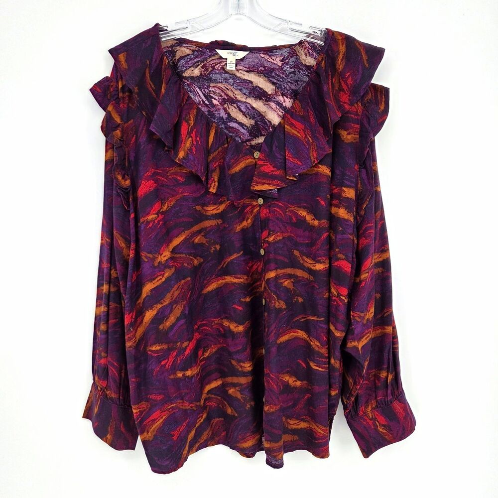 Terra & Sky Womens Purple Red Abstract V-Neck Ruffle Button Blouse 3XL Fall